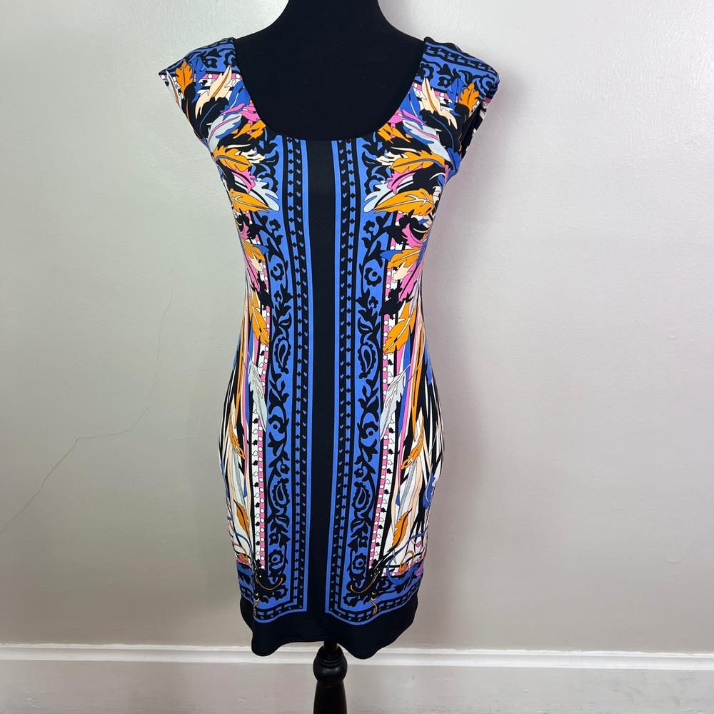 Eva Varro Reversible Sheath Dress XS Black Blue Scarf Print Bodycon Sleeveless